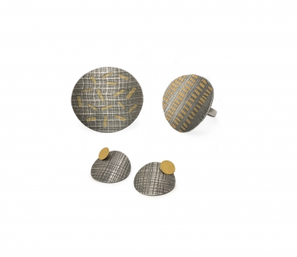 Linen print rings & earrings: silver, 22ct & 18ct green gold